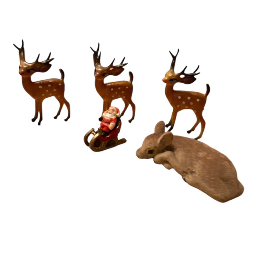 Vintage Christmas Reindeer Deer Fawns Santa Lot Hong Kong Blue Eyes Animals